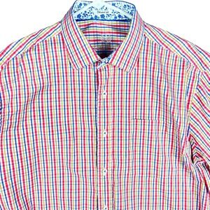 Bugatchi Uomo Button Down Men's L Multicolor Plaid Shaped Fit Floral Trim Cotton